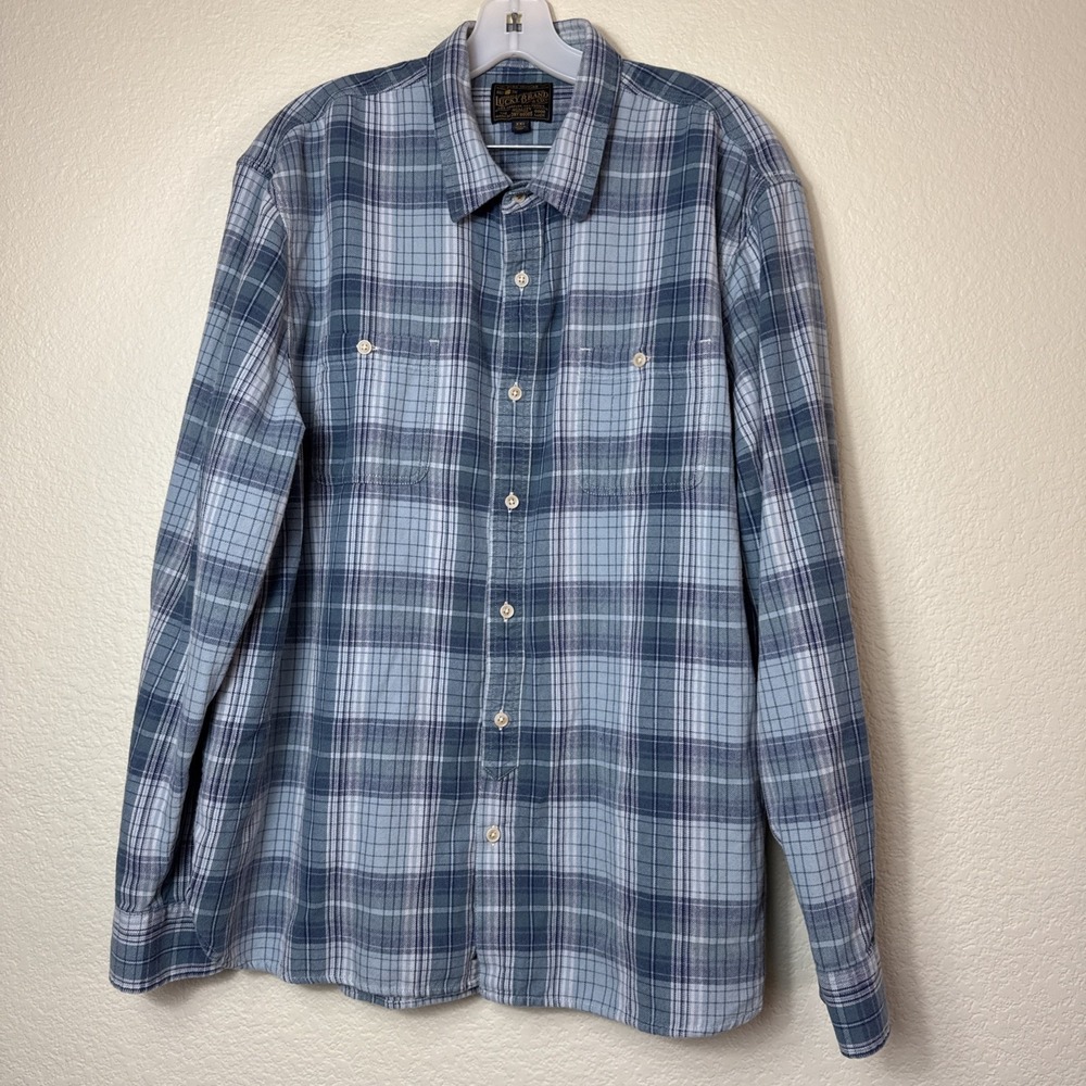 Lucky‎ Brand Plaid Button Down Shirt Mens XXL Blue Grey Soft Cotton Flannel